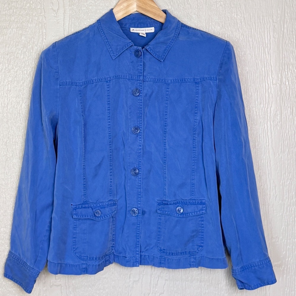 JM Collection Petite Blue Tencel Lyocell Button Front Jacket Size 14P Pocketed